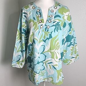 August Silk-Teal,Green,White Leaves Top, Silver Grommets at Neckline, Sz Medium